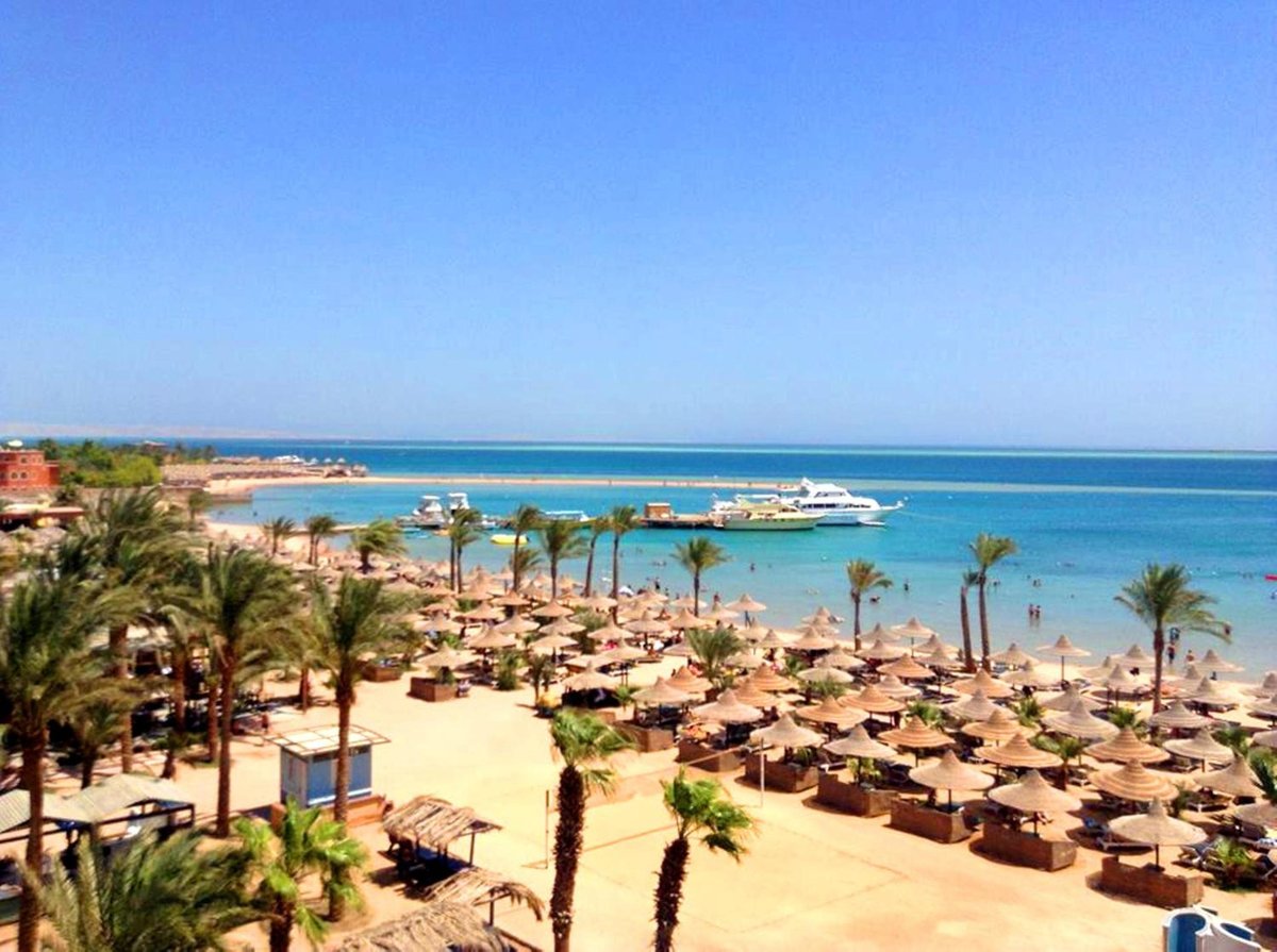 Giftun Azur Resort beach with palm trees and thatched umbrellas.
