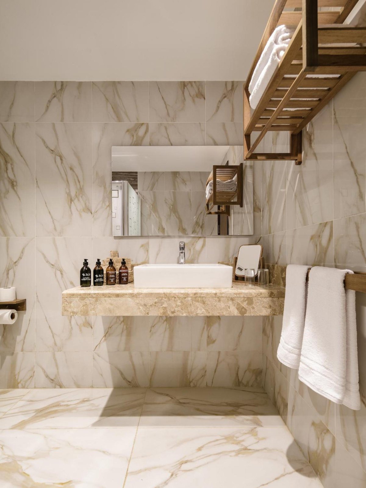 The Zen Wellness Resort Aswan bathroom vanity with a basin and marble walls.