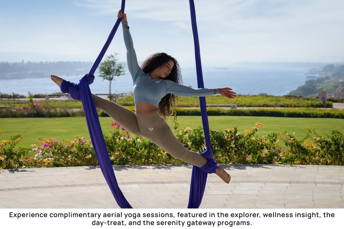 The Zen Wellness Resort Aswan aerial yoga terrace with purple silks and a garden.